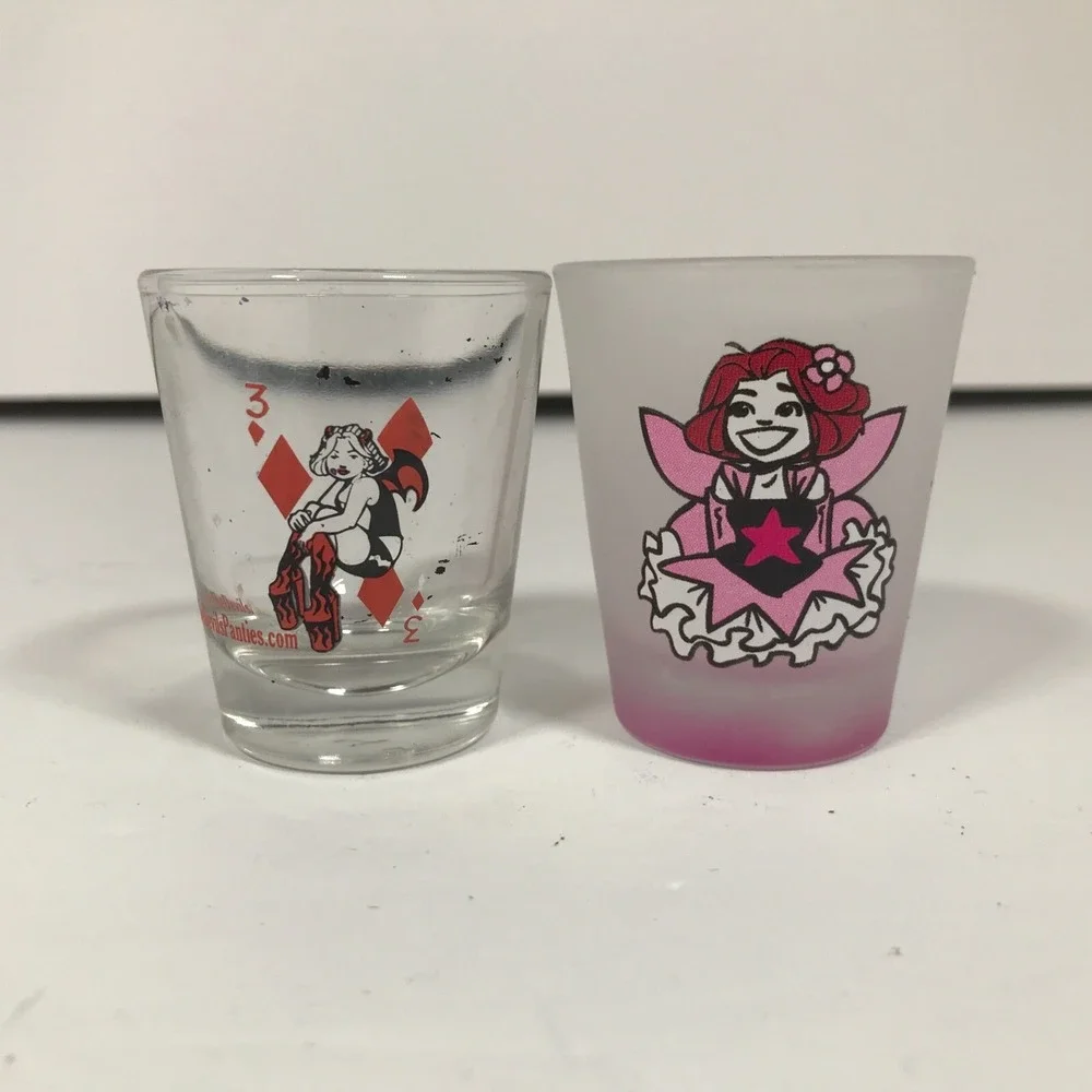 The Devils Panties Comic Shot Glass Set Clear Frosted Pink Fairy Graphic Barware
